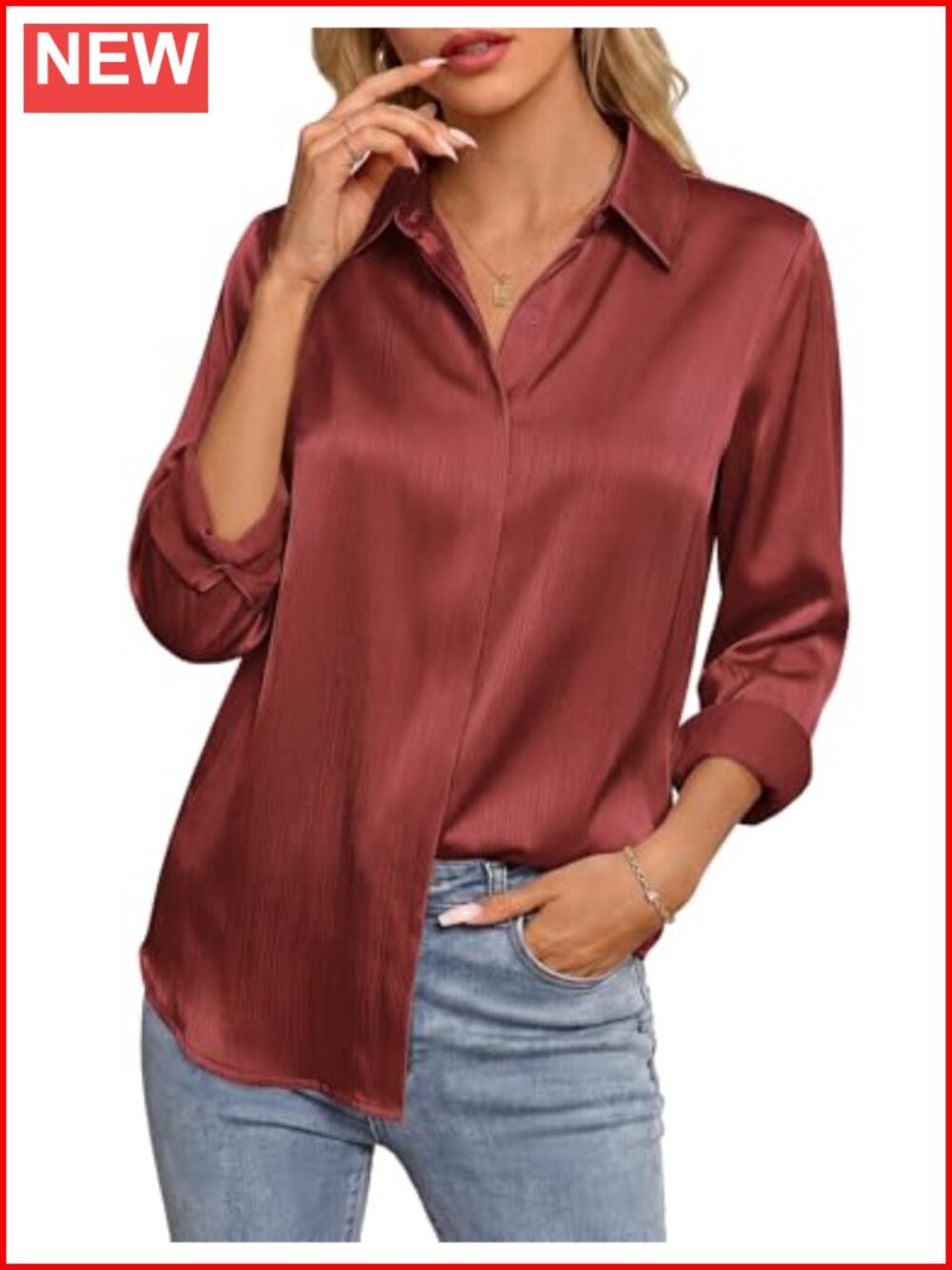 Silky Satin Long Sleeve Button Down Shirt Work Blouse V-Neck Womens Top